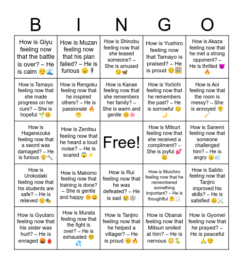 B14 L18 How is Tanjiro feeling now that he helped a villager? – He is proud 😊🔥 Bingo Card