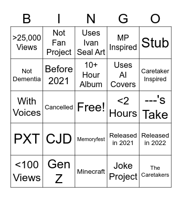 Fan Project Wiki Bingo Card
