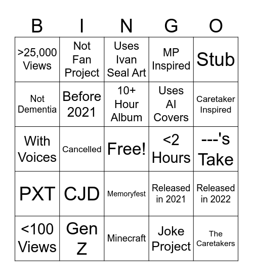 Fan Project Wiki Bingo Card