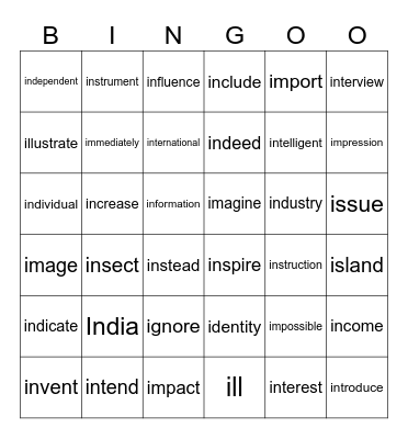 “I” Bingo Card