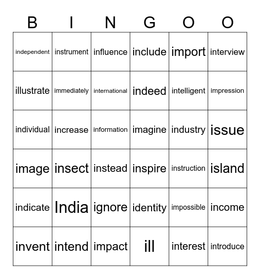 “I” Bingo Card