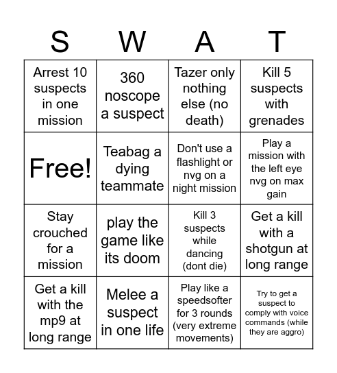Tactical Assault Challenge Bingo Card