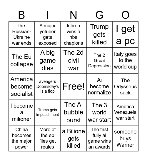2026 Bingo Card Bingo Card