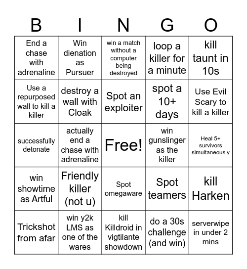 Random Die of Death Bingo Card