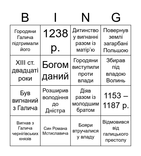Князь Данило Романович Bingo Card