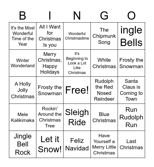 Holiday Song Bingo Card