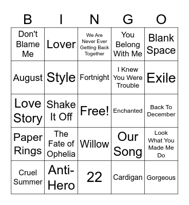 Taylor Swift Bingo Card