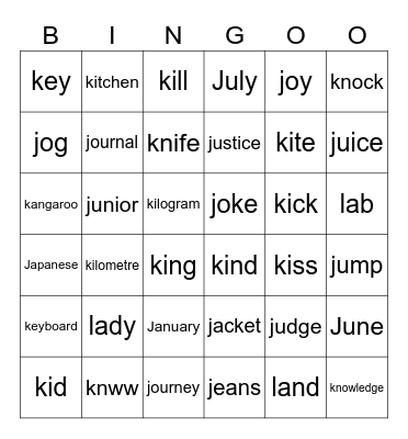 "J" & "K" Bingo Card