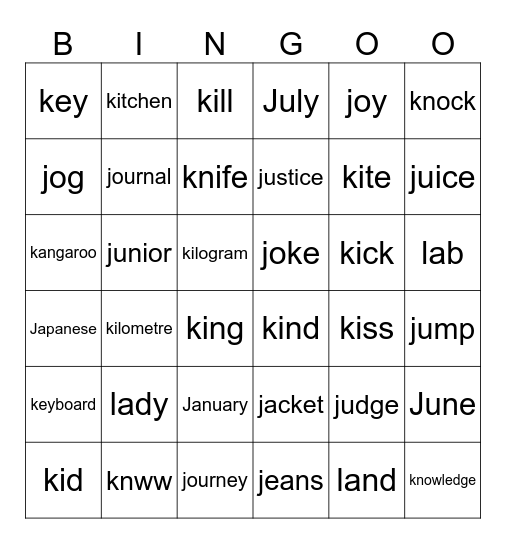 "J" & "K" Bingo Card