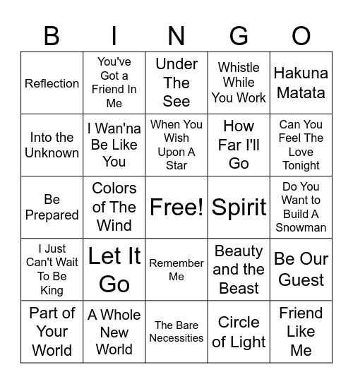 Disney Songs Bingo Card