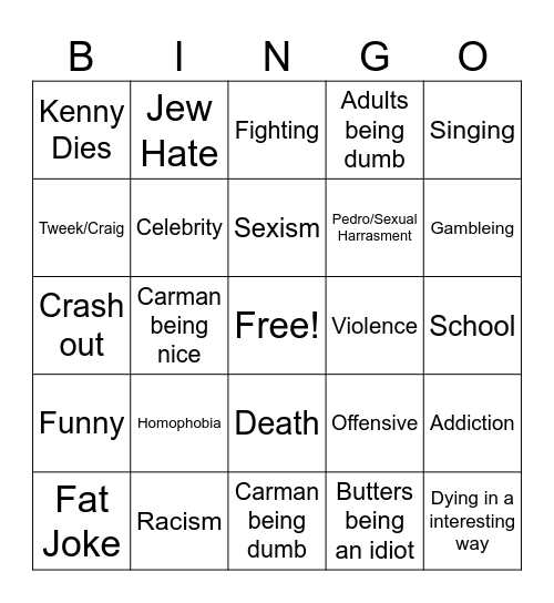 South Park Bingo Card