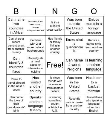 Cultural Bingo Card