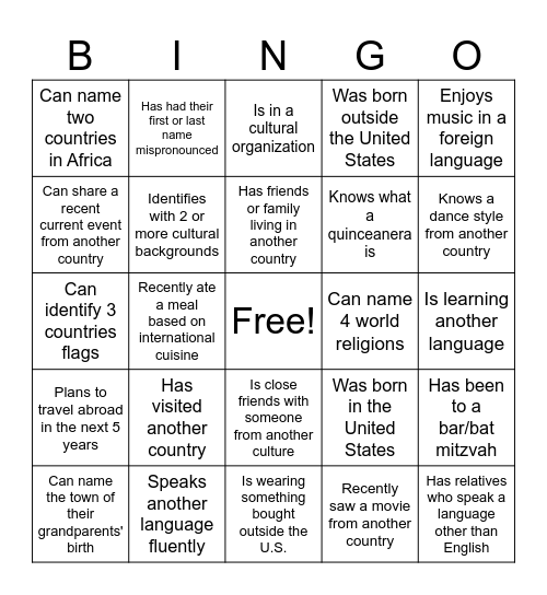 Cultural Bingo Card