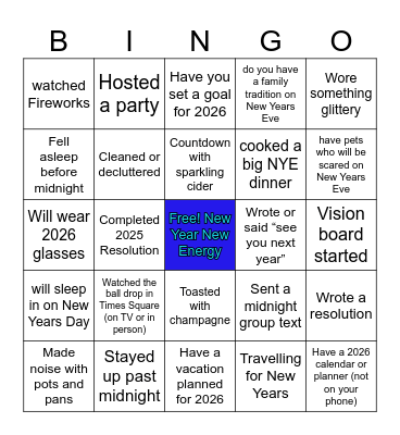New Years Bingo Card
