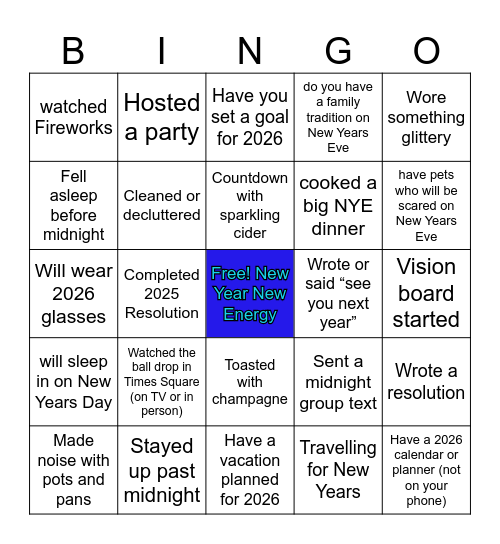 New Years Bingo Card