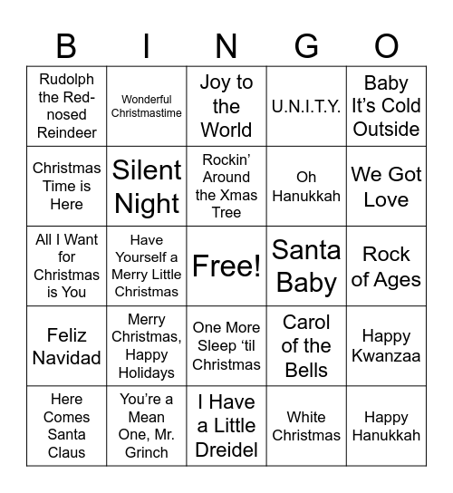 Holiday Music BINGO Card