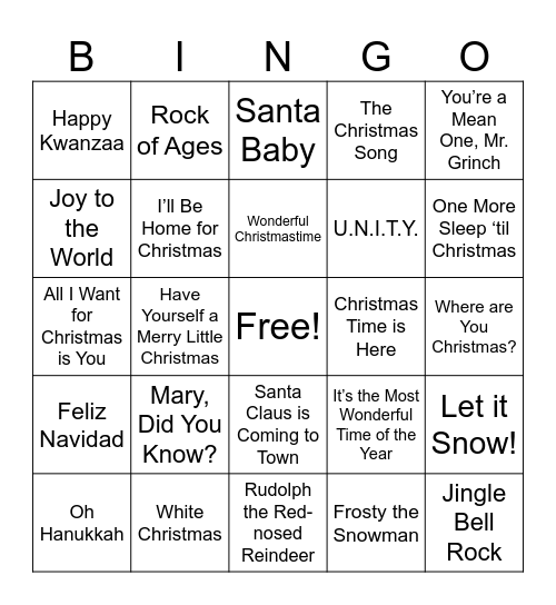 Holiday Music BINGO Card