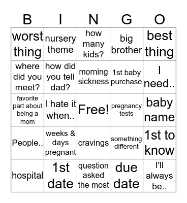 Baby Shower Bingo Card
