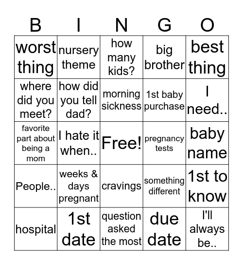 Baby Shower Bingo Card