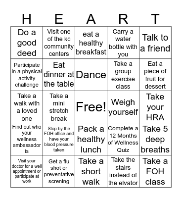 Healthy Heart Bingo Card