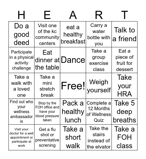Healthy Heart Bingo Card