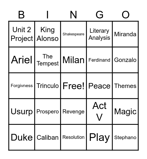 Tempest Bingo Card