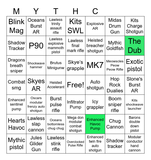 Fortnite Mythics/Exotics Bingo Card
