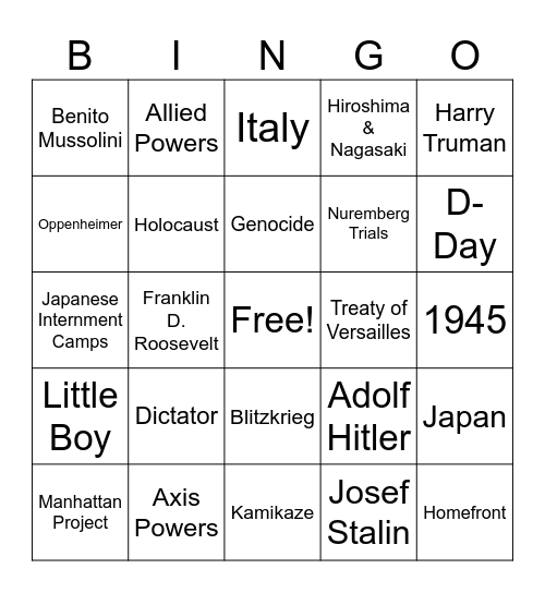 U.S. History World War II Bingo Card