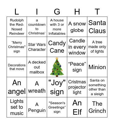 Christmas Light scavenger hunt Bingo Card