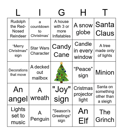 Christmas Light scavenger hunt Bingo Card