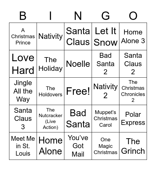 Christmas Movies Bingo Card