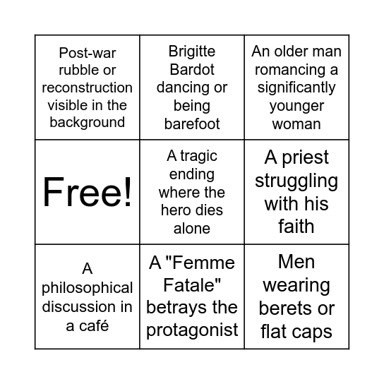1950s French Films Bingo Card