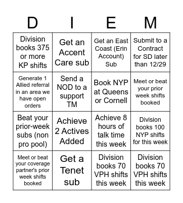 Per Diem Holiday Week BINGO Card