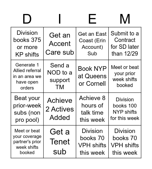 Per Diem Holiday Week BINGO Card