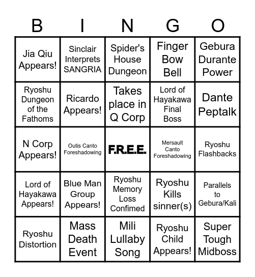 Limbus Company Canto 9 Bingo Card