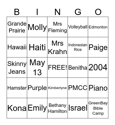 Emily Bingo Card