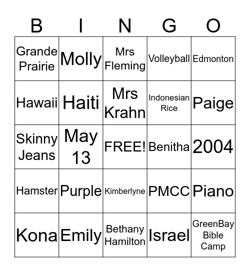 Emily Bingo Card