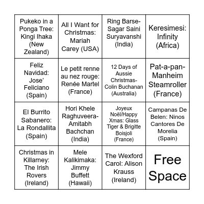 Carols Around the World Bingo Card