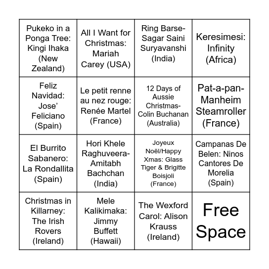 Carols Around the World Bingo Card