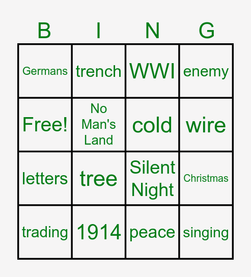Shooting at the Stars: the Christmas Truce of 1914 Bingo Card