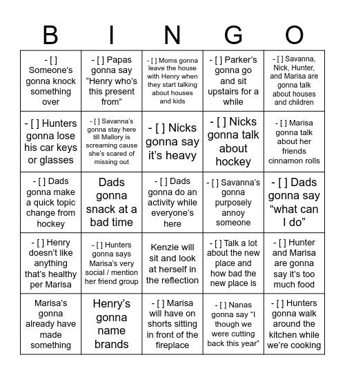 Family Christmas bingo Card