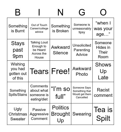 Family Christmas Bingo Card