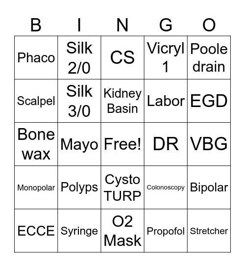 OR/DR/NICU Bingo Card