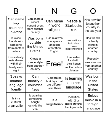 Cultural Diversity Bingo Card