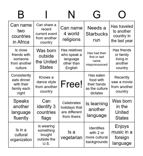 Cultural Diversity Bingo Card