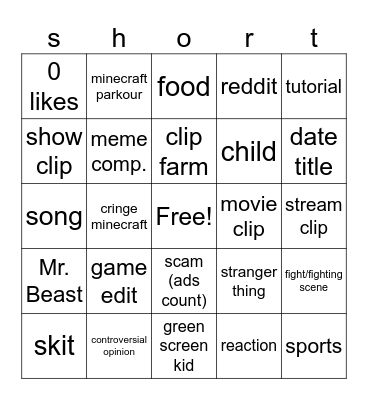 YT Shorts Bingo Card