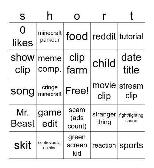 YT Shorts Bingo Card