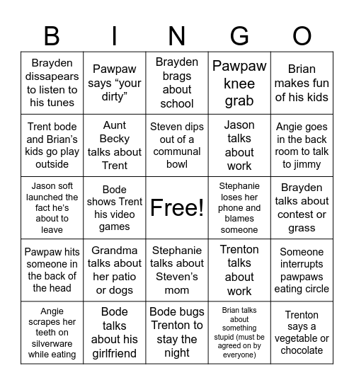 Tammy’s official bingo card Bingo Card