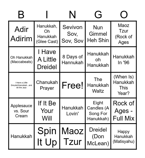 Hanukkah Music Bingo Card