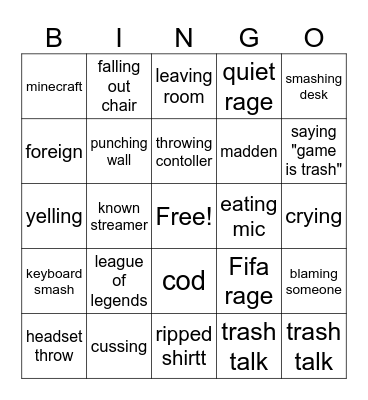 Gamer rage bingo Card